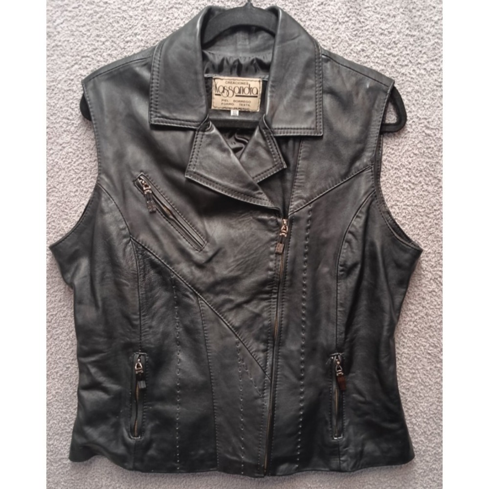 Kassandra Leather‎ Vest Womens XXXL Black Moto Zip Fitted Biker Lambskin Fits XL